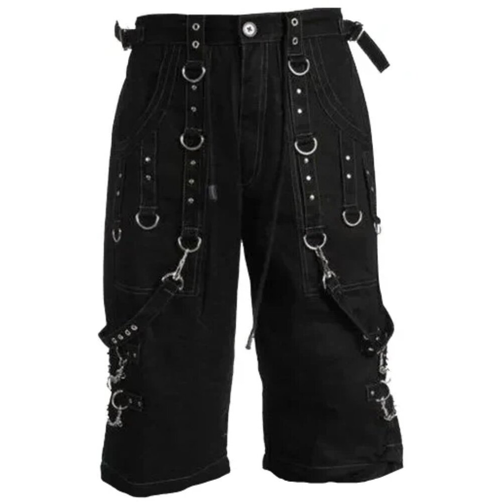 Men Handmade Gothic Bondage Grey Thread Cyber Punk Shorts Metal Studs Shorts - Picture 2 of 7